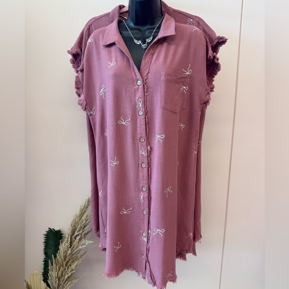 Dusty Rose Ribbon Embroidered Button-Front Mini Dress- Umgee - Picture 2 of 6
